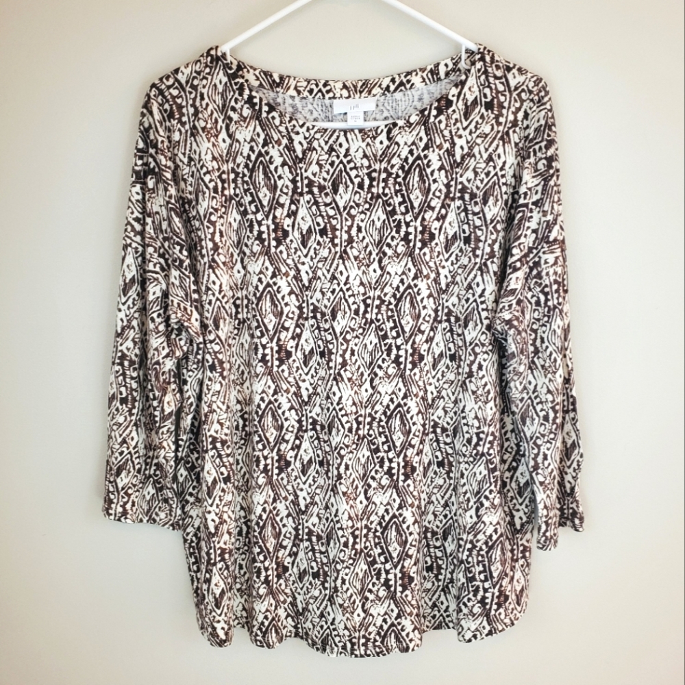 J. Jill Size M Linen Blend Brown Cream Patterned Shirt Top